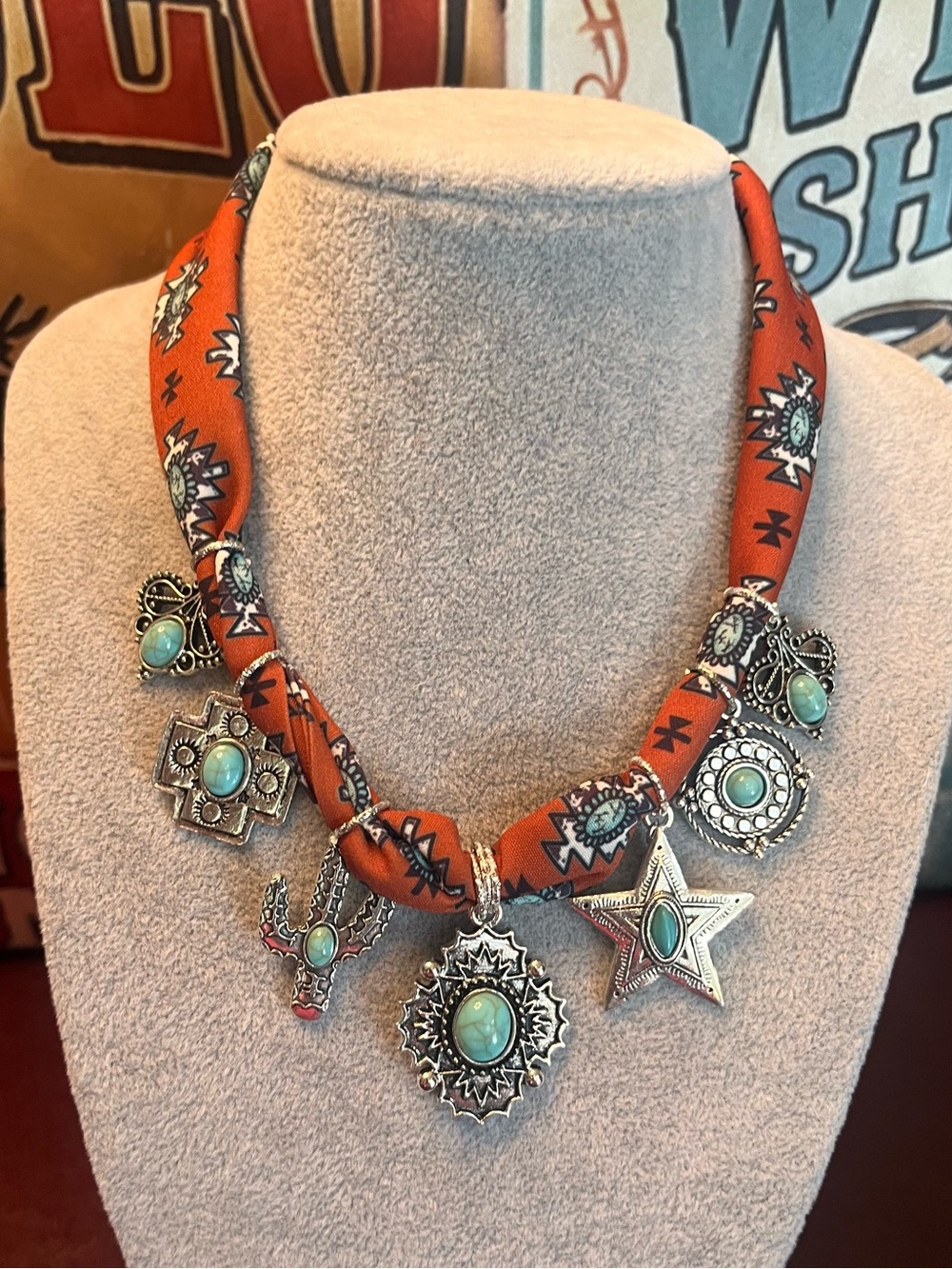 Turquoise Accent Southwestern Bandana Charm Necklace